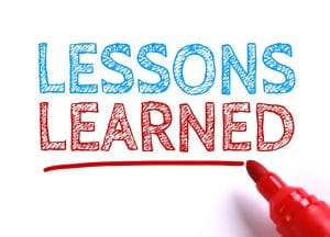 Text: 'lessons learned' with a red pen in the bottom right corner